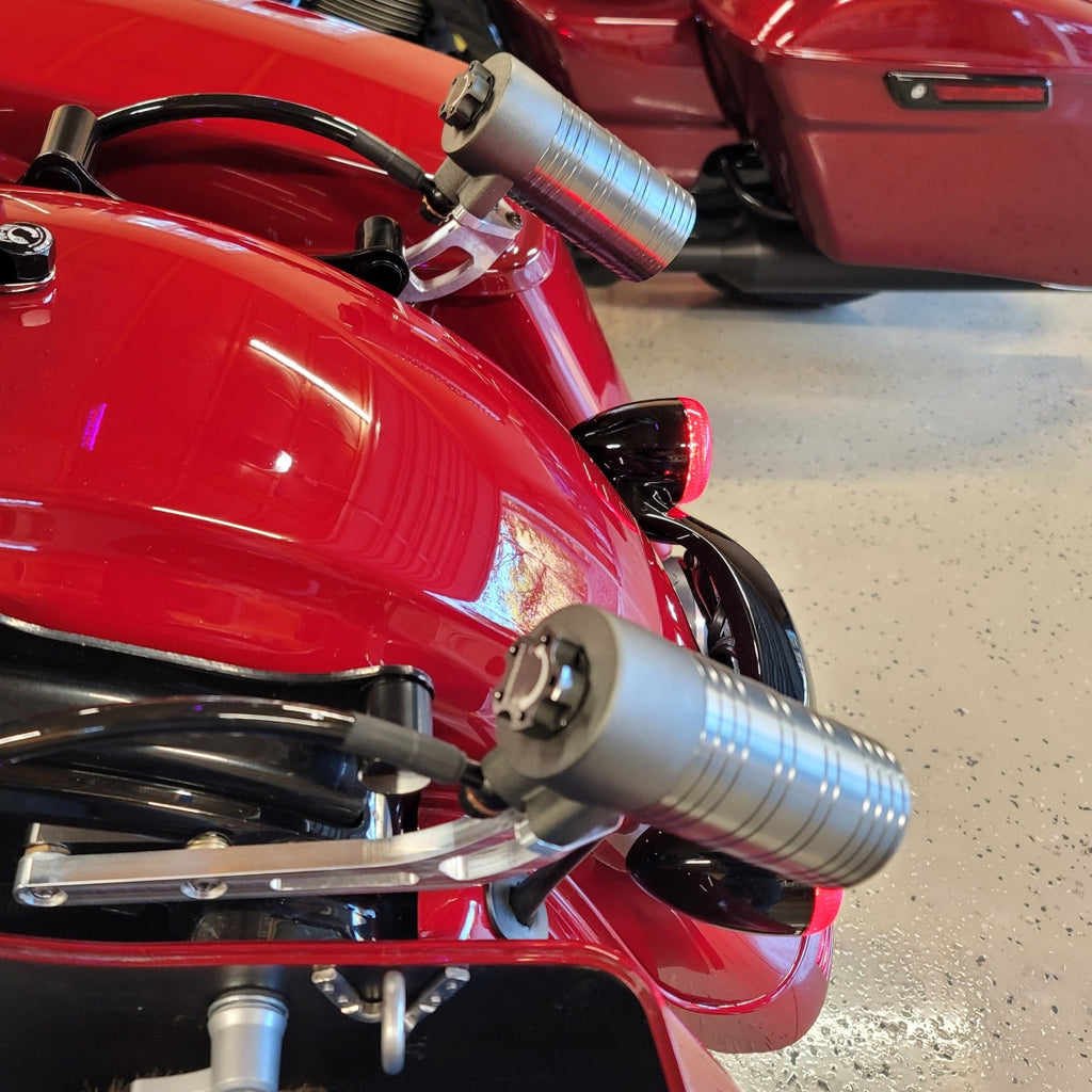 GeezerEngineering Nitrogen Shocks with offset Reservoirs for Harley