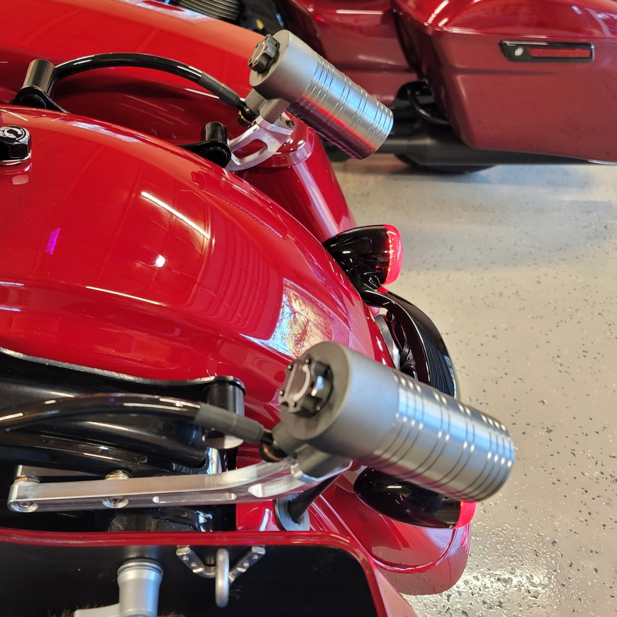 GeezerEngineering Nitrogen Shocks with offset Reservoirs for Harley