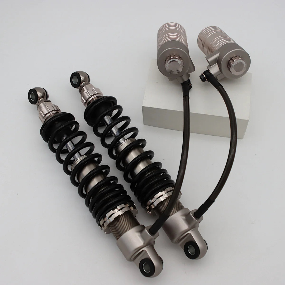 GeezerEngineering Nitrogen Shocks with offset Reservoirs for Harley