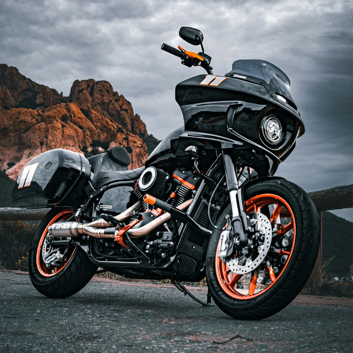 OG Black Highway Peg Crash Bar for Harley-Davidson M8 Softail with Mid Controls installed on a Harley-Davidson FXLRST Low Rider ST 2024