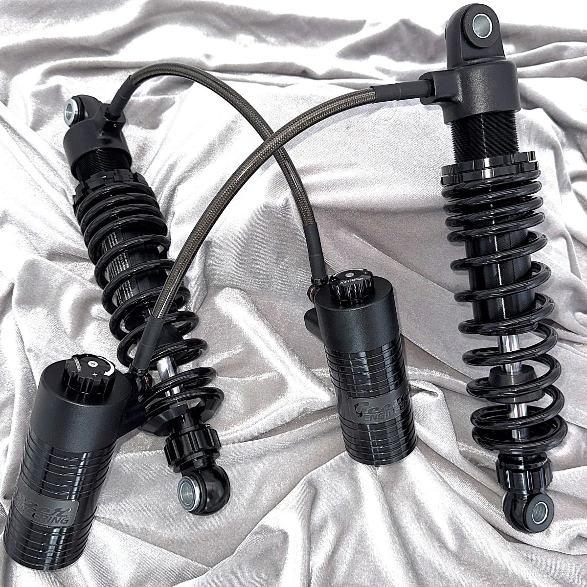 GeezerEngineering Nitrogen Shocks with offset Reservoirs for Harley