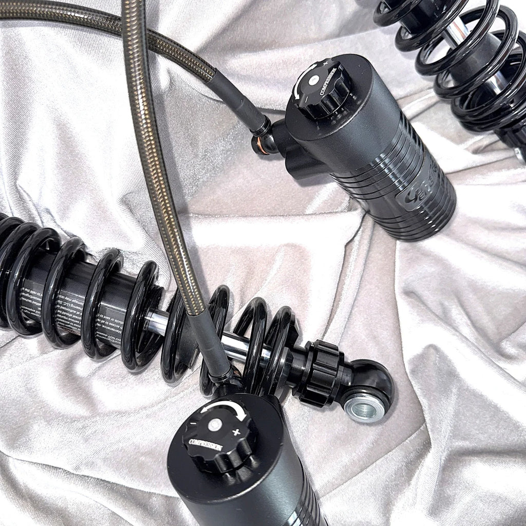 GeezerEngineering Nitrogen Shocks with offset Reservoirs for Harley