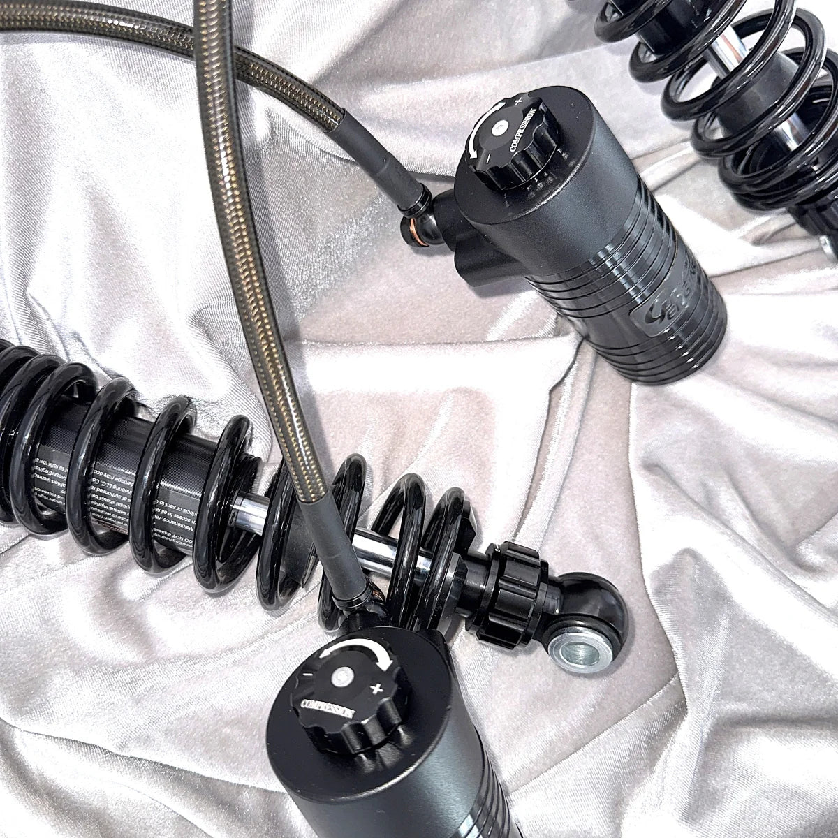 GeezerEngineering Nitrogen Shocks with offset Reservoirs for Harley