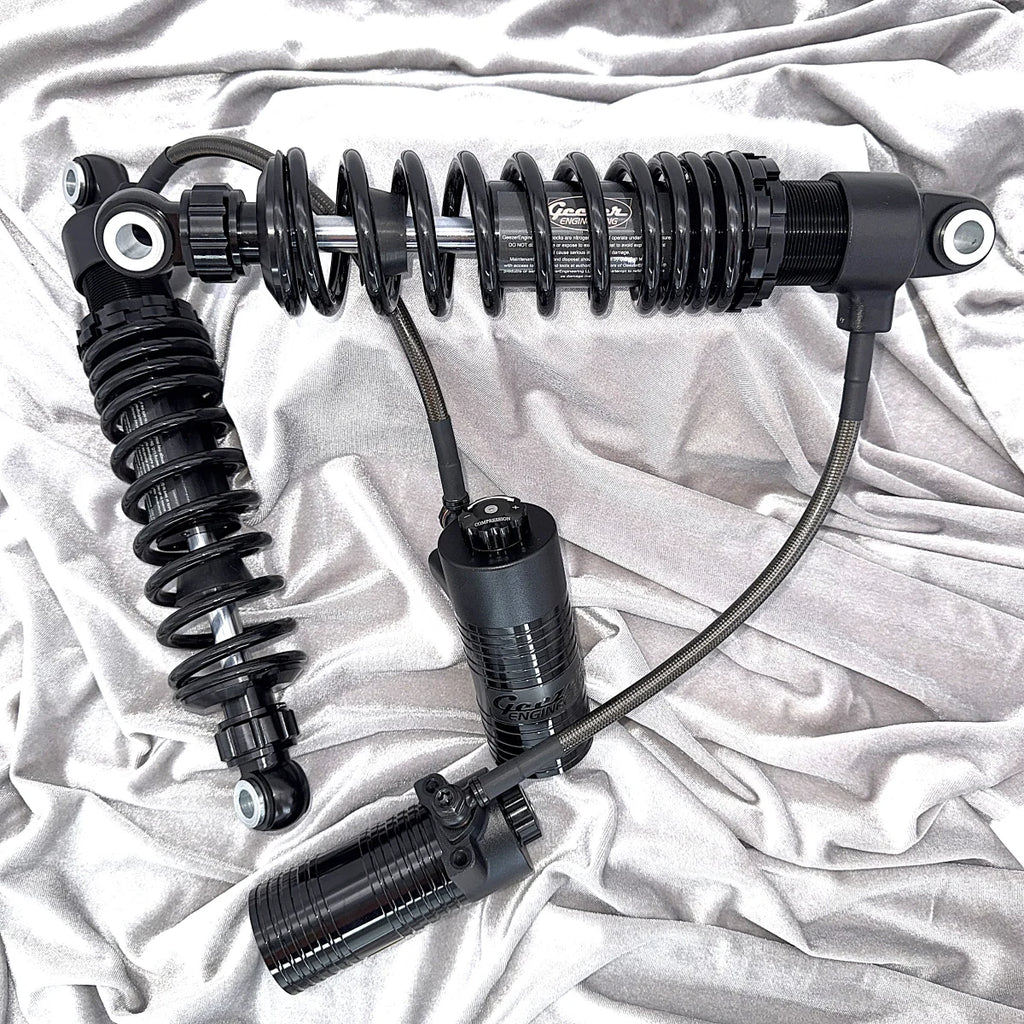 GeezerEngineering Nitrogen Shocks with offset Reservoirs for Harley