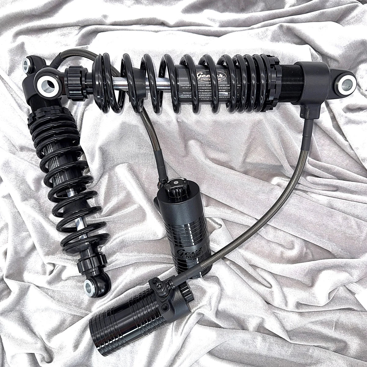 GeezerEngineering Nitrogen Shocks with offset Reservoirs for Harley