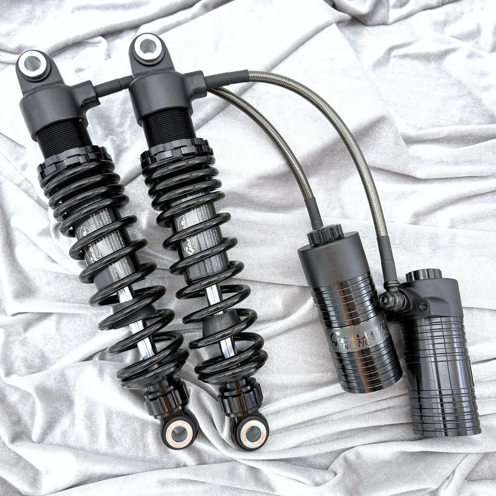 GeezerEngineering Nitrogen Shocks with offset Reservoirs for Harley