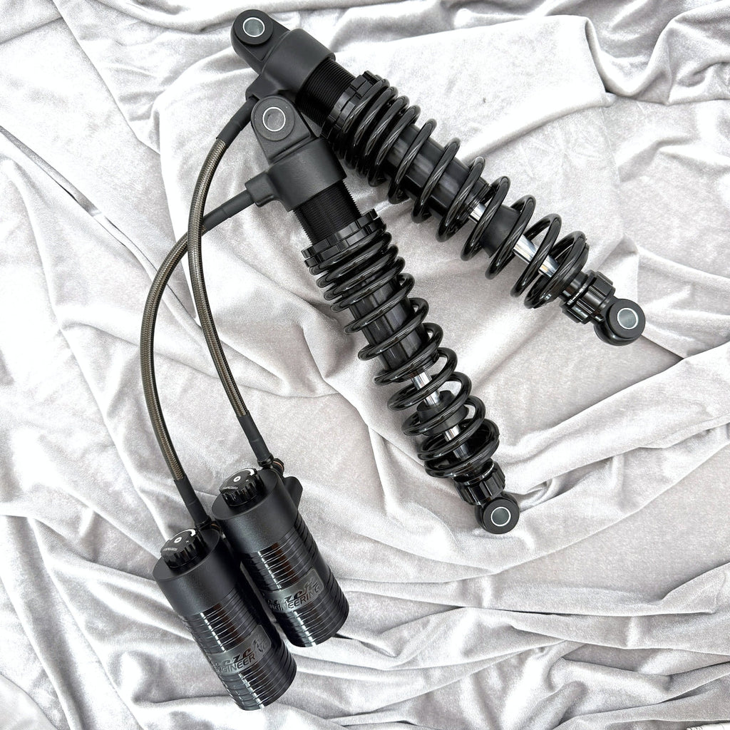 GeezerEngineering Nitrogen Shocks with offset Reservoirs for Harley