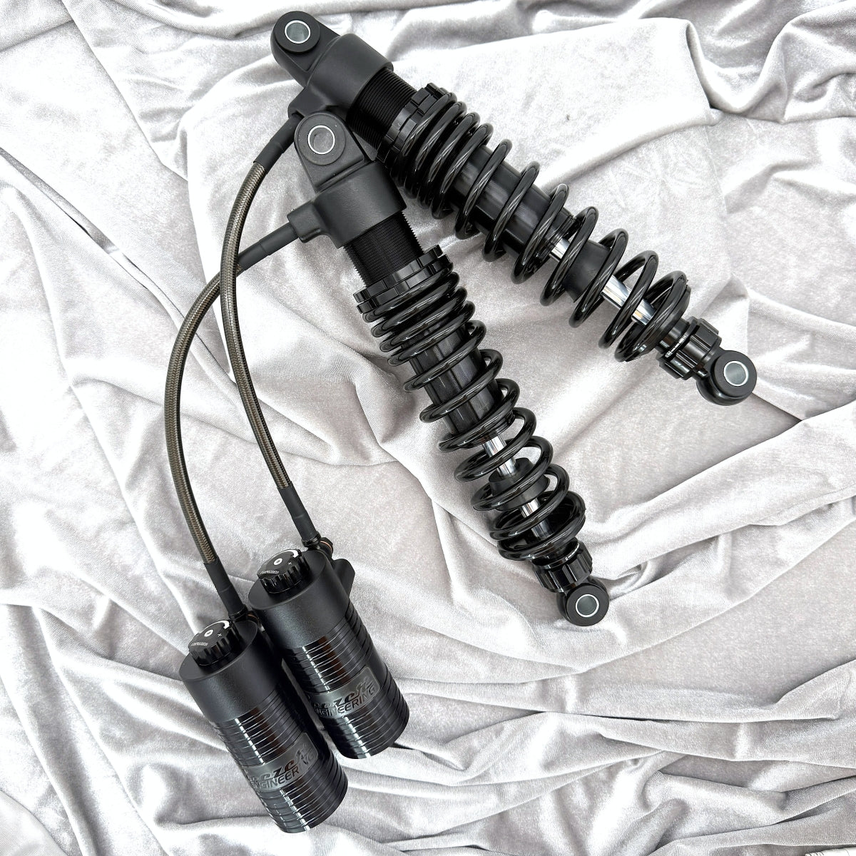GeezerEngineering Nitrogen Shocks with offset Reservoirs for Harley