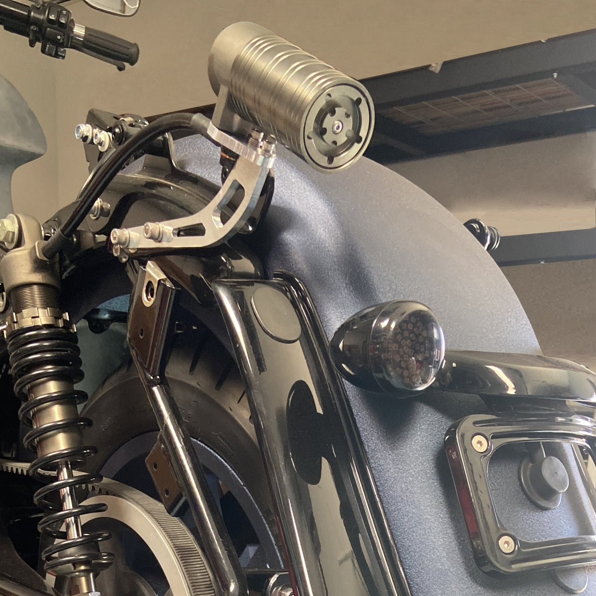 GeezerEngineering Nitrogen Shocks with offset Reservoirs for Harley